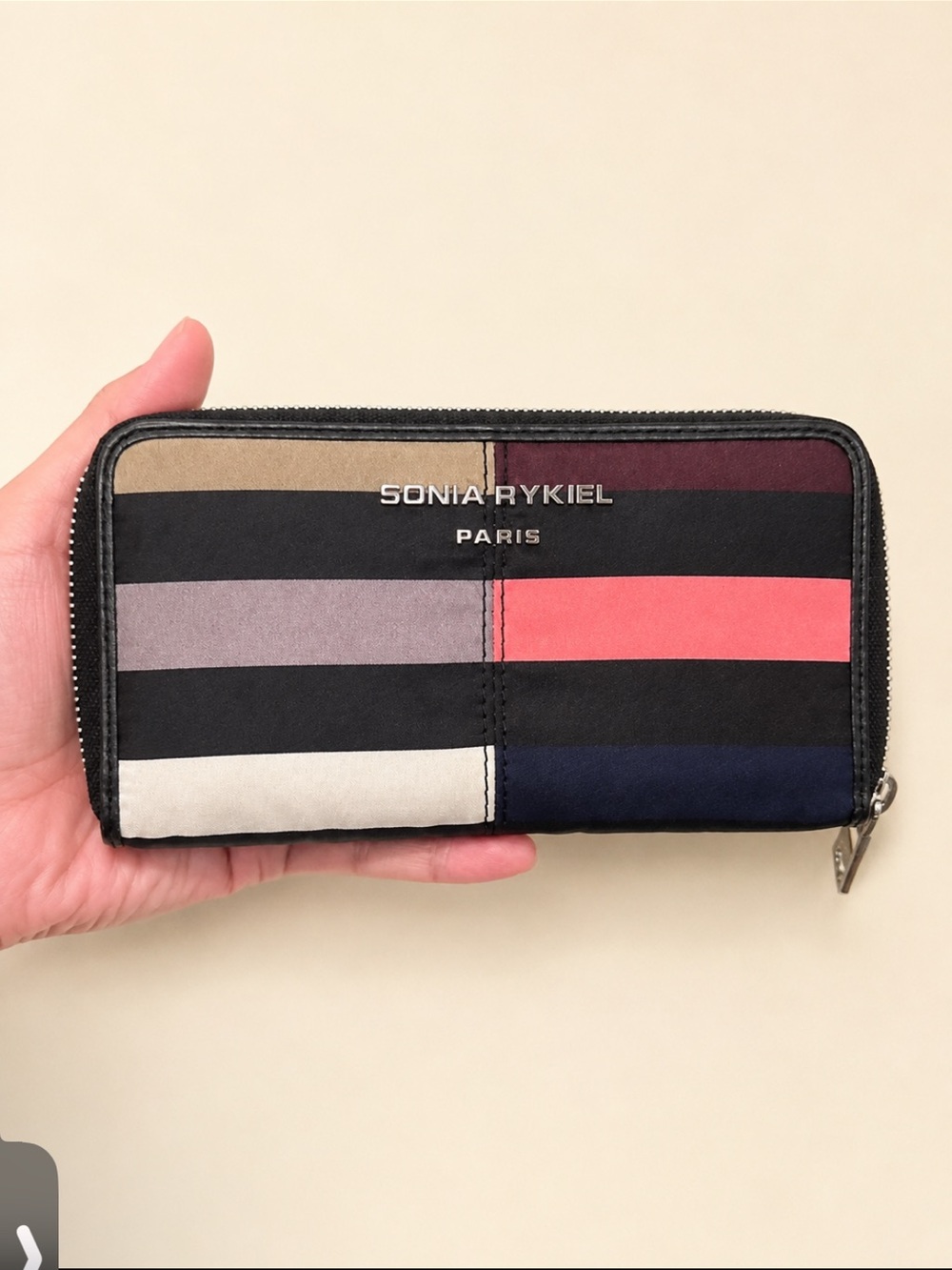 Sonia Rykiel Paris Striped Zip Wallet in Black, Pink, Navy and Neutrals - Picture 1 of 9